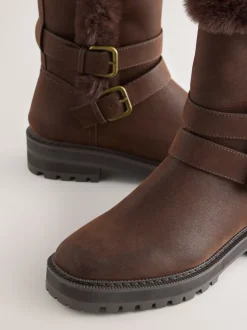 Chocoladebruin - Forever Comfort® enkellaarzen met dubbele gesp en voering van imitatiebont