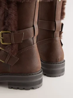 Chocoladebruin - Forever Comfort® enkellaarzen met dubbele gesp en voering van imitatiebont
