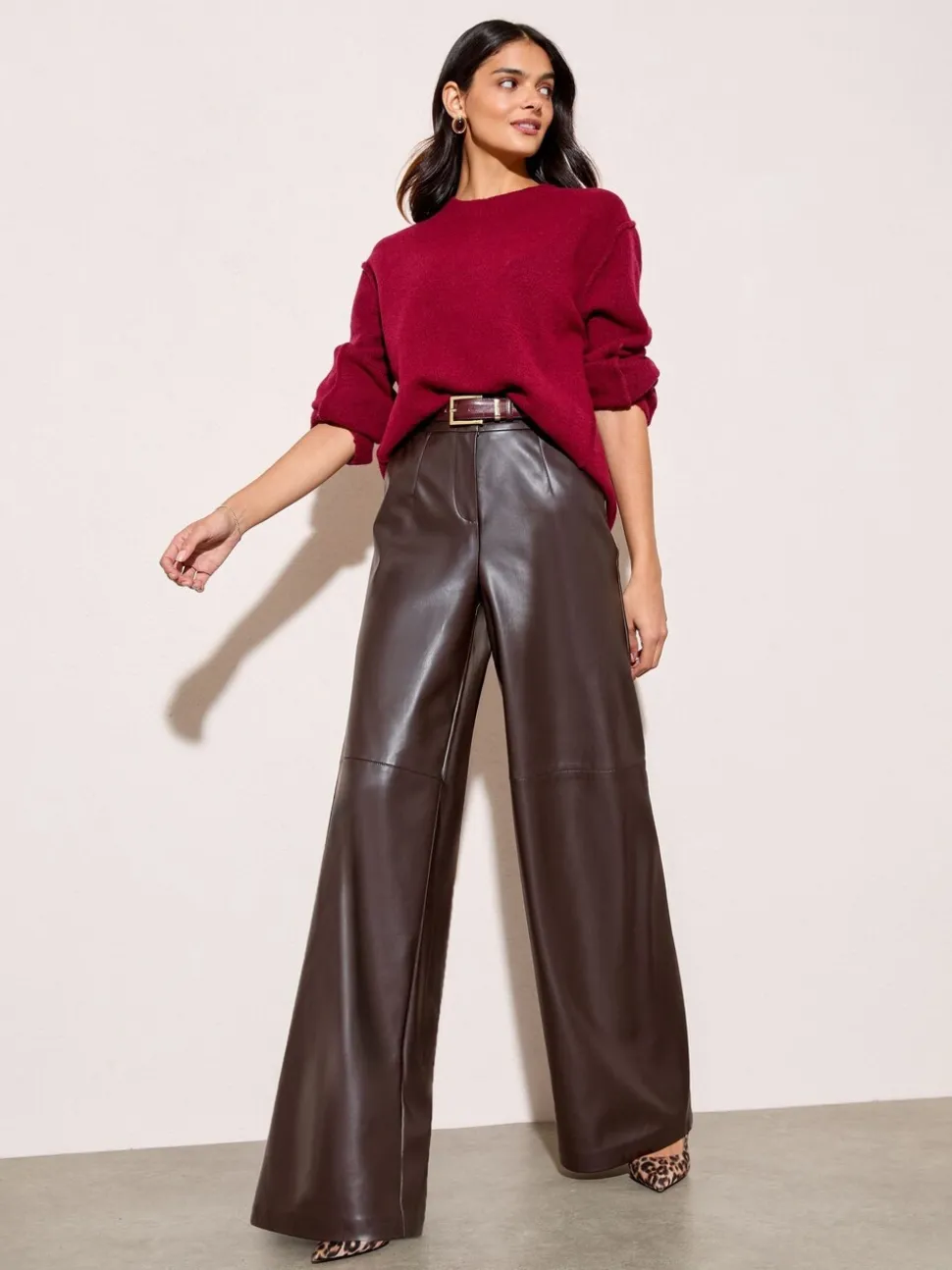 Chocoladebruin - Friends Like These X Lucy Mecklenburgh Faux Leather Tailored Wide Leg Trousers