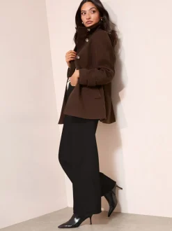 Chocoladebruin - Friends Like These Funnel Neck Button Front Mid Length Coat