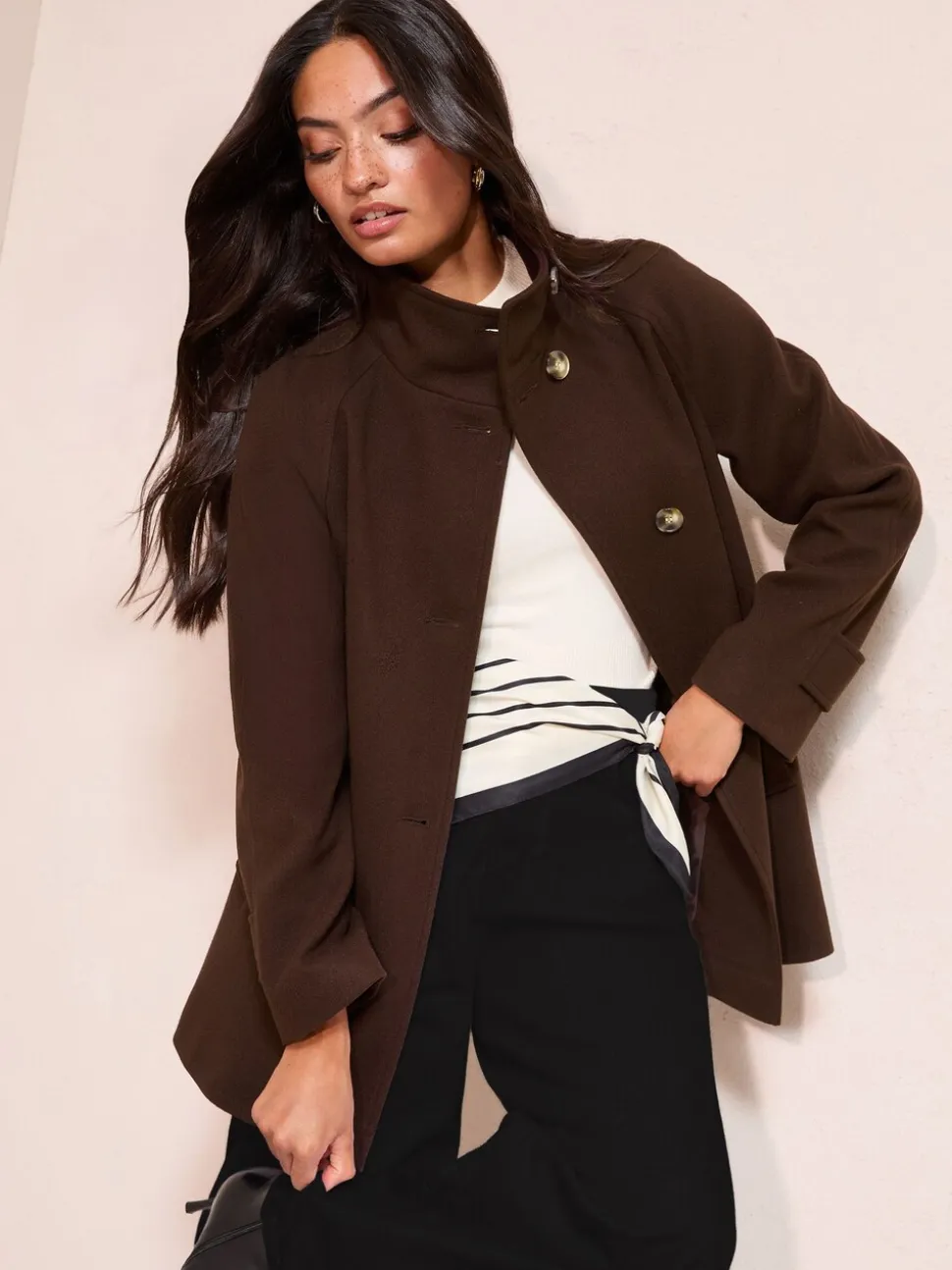 Chocoladebruin - Friends Like These Funnel Neck Button Front Mid Length Coat