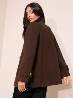 Chocoladebruin - Friends Like These Funnel Neck Button Front Mid Length Coat