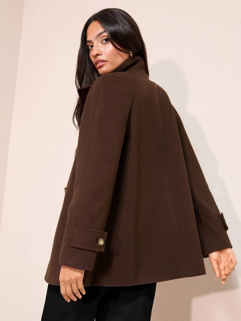 Chocoladebruin - Friends Like These Funnel Neck Button Front Mid Length Coat