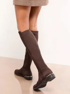 Chocoladebruin - Lipsy Faux Suede Elasticated Flat Knee High Casual Boots