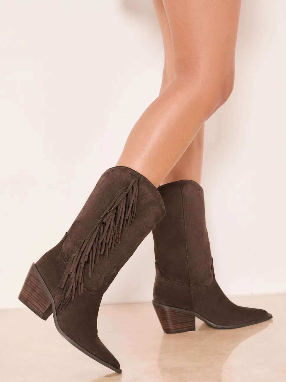 Chocoladebruin - Lipsy Faux Suede Tassel Pull On Western Calf Boots