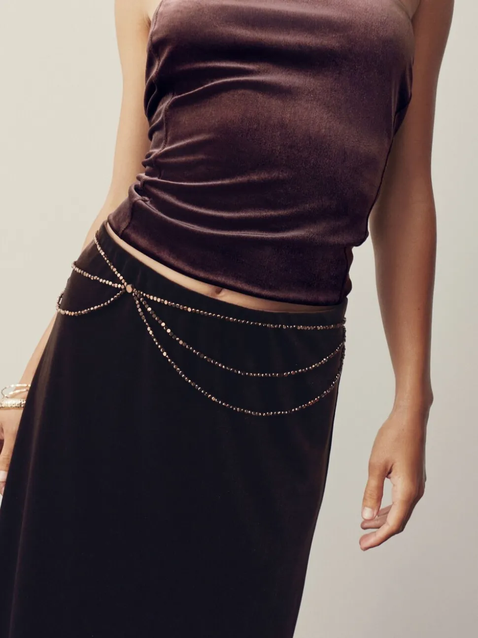 Chocoladebruin - Metallic Skinny Tiered Beaded Belt