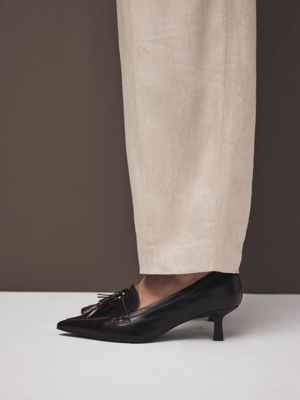 Chocoladebruin - Premium Leather With Motionflex Point Toe Tassel Heels Loafers