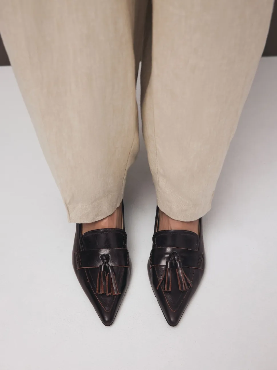 Chocoladebruin - Premium Leather With Motionflex Point Toe Tassel Heels Loafers