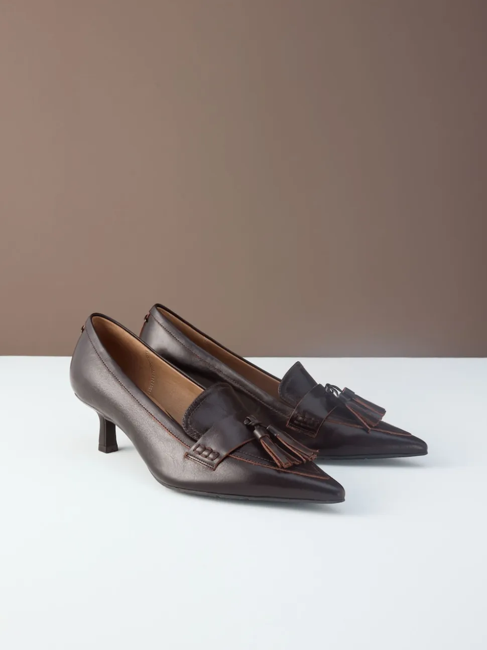 Chocoladebruin - Premium Leather With Motionflex Point Toe Tassel Heels Loafers