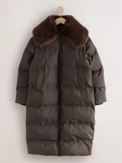 Chocoladebruin - Premium Longline Padded Coat with Faux Fur Collar
