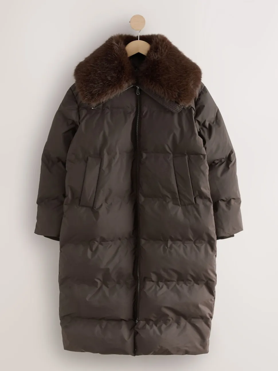 Chocoladebruin - Premium Longline Padded Coat with Faux Fur Collar