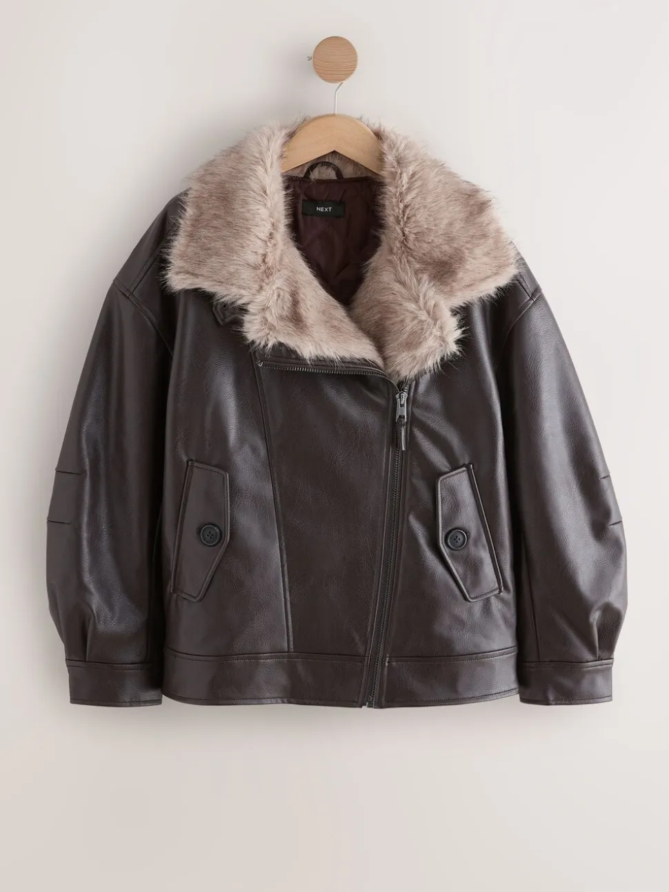 Chocoladebruin - PU Bomber Jacket with Faux Fur Trim