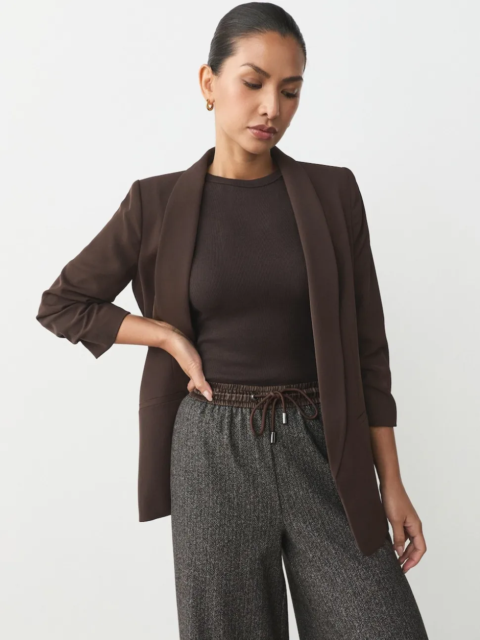 Chocoladebruin - Ruimvallend blazer met gerimpelde mouwen