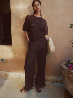 Chocoladebruin - Smart Front Linen Blend Wide Leg Trousers