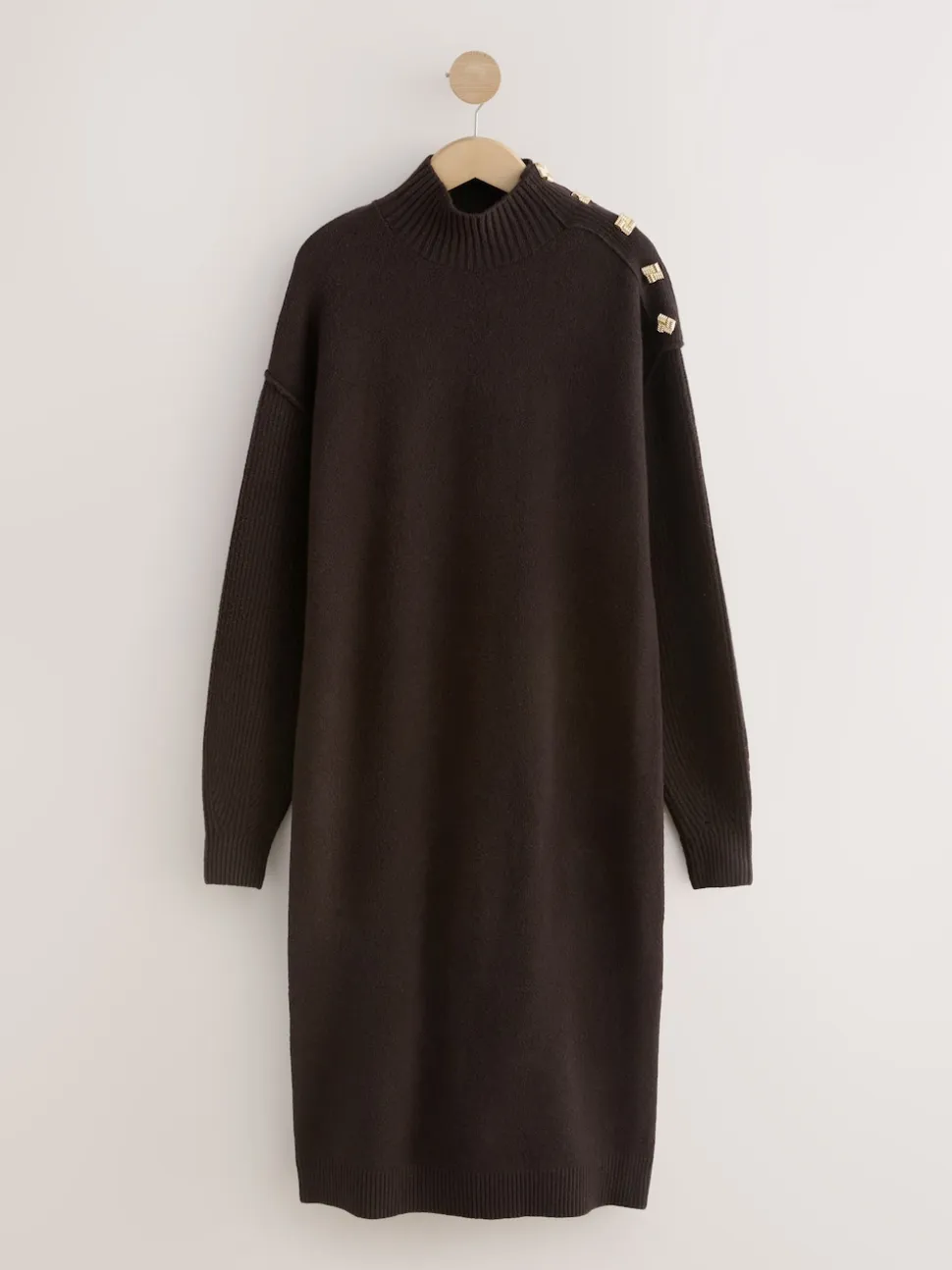 Chocoladebruin - Stand Neck Knitted Midi Jumper Dress