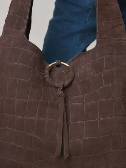 Chocoladebruin - Suede Croc Effect Shoulder Bag