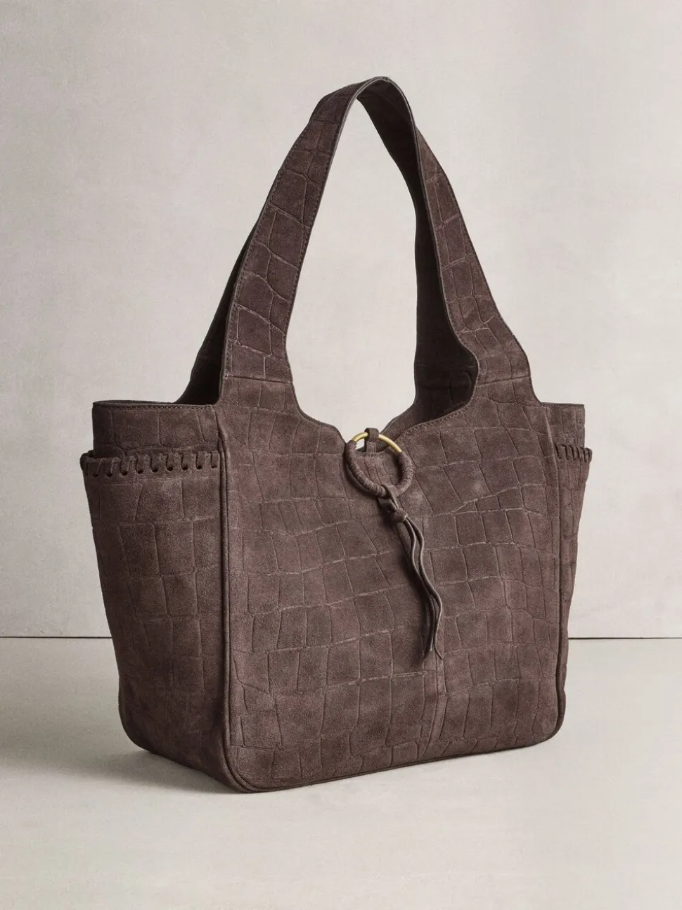 Chocoladebruin - Suede Croc Effect Shoulder Bag