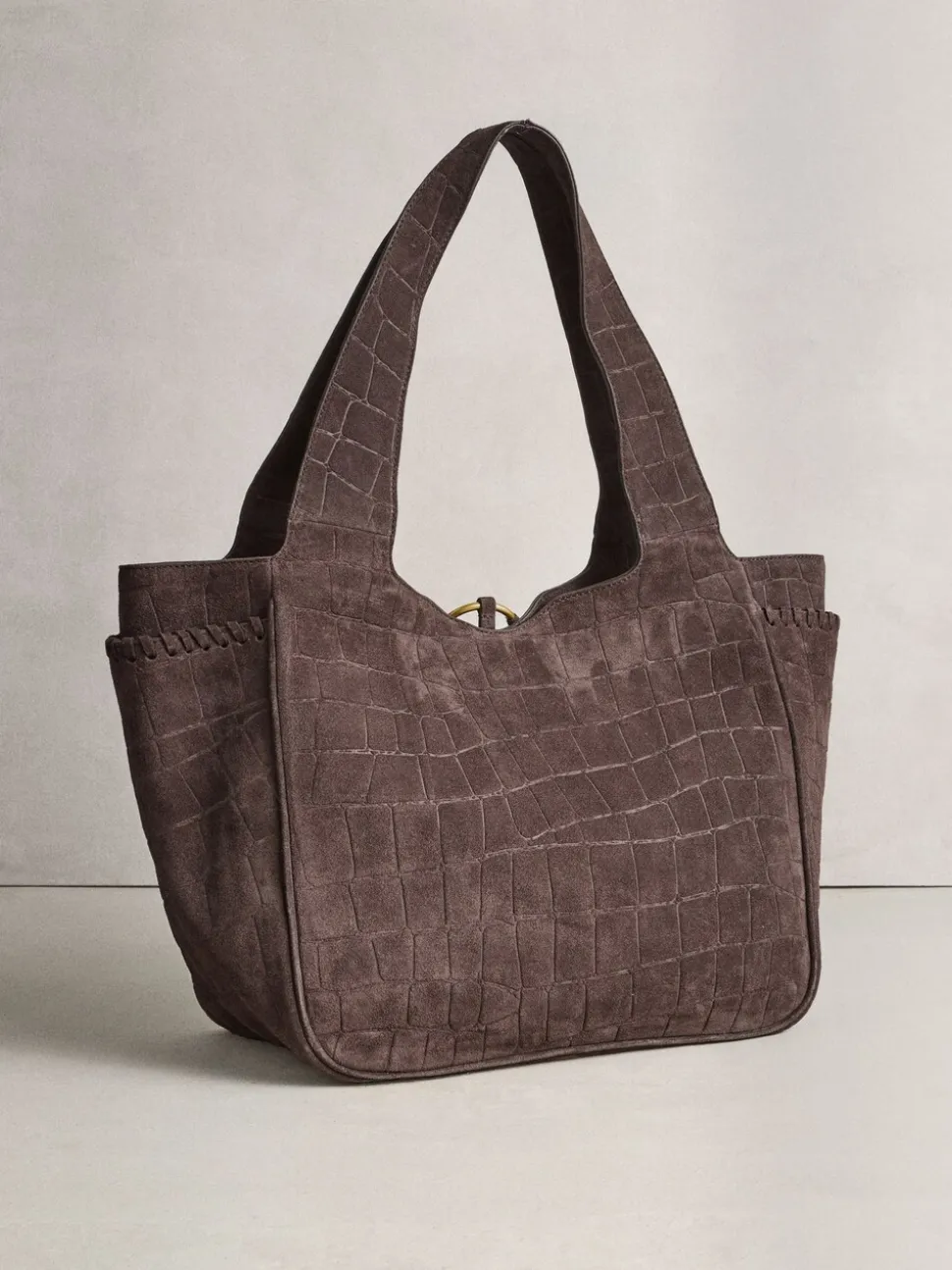 Chocoladebruin - Suede Croc Effect Shoulder Bag