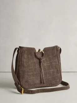 Chocoladebruin - Suede Croc Messenger Cross-Body Bag