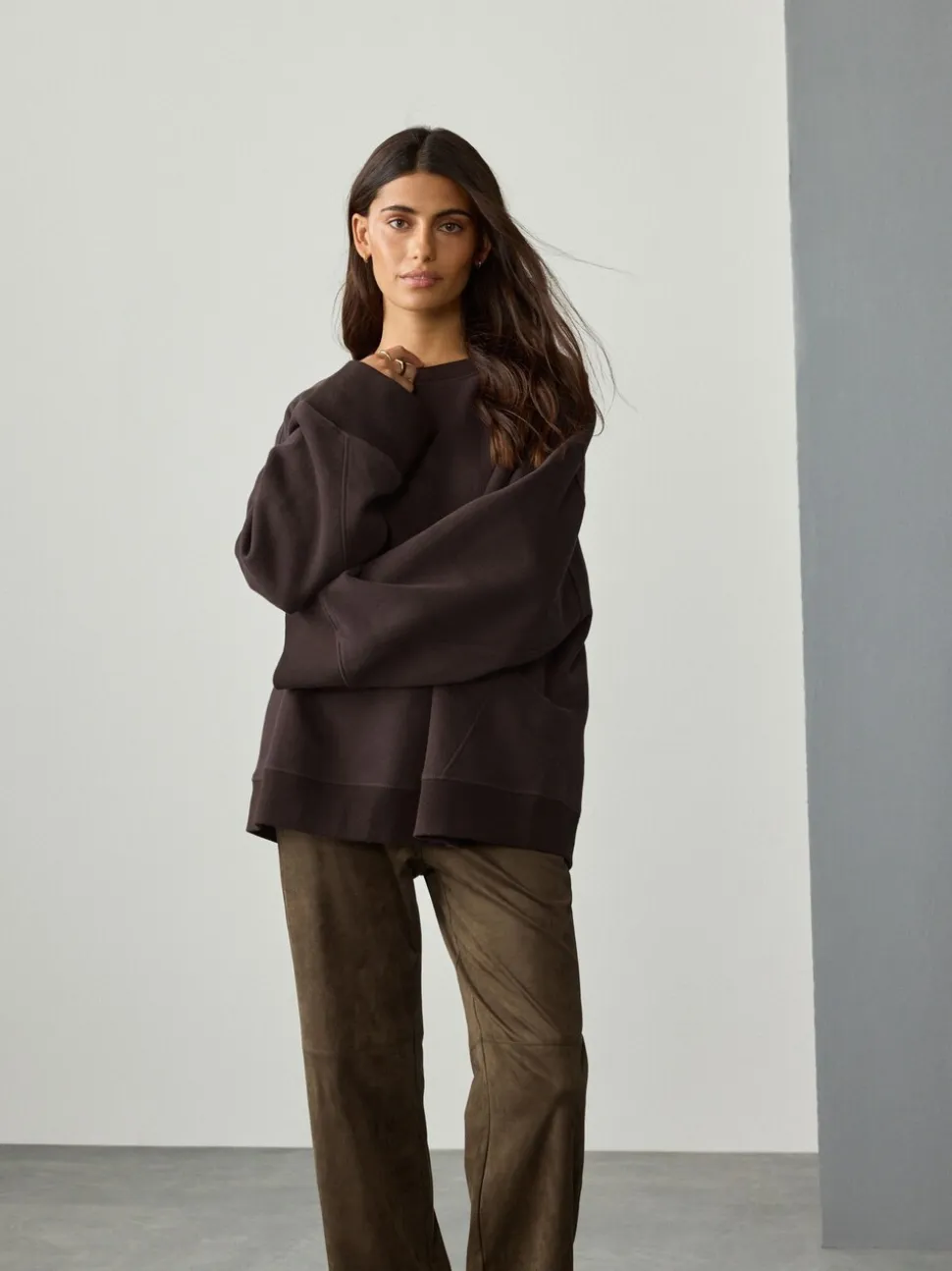 Chocoladebruin - Verfijnd sweatshirt met ronde hals, lange mouwen en ribbels