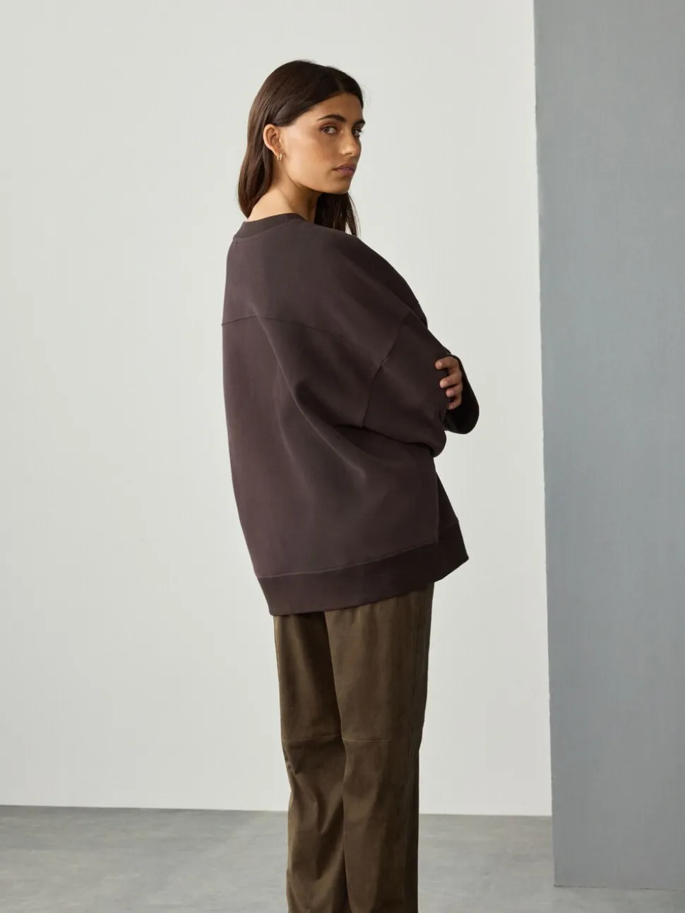 Chocoladebruin - Verfijnd sweatshirt met ronde hals, lange mouwen en ribbels