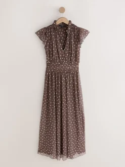 Chocoladebruin gestippeld - Halflange geplooide mesh gelegenheidsmaxi-jurk met print en V-hals