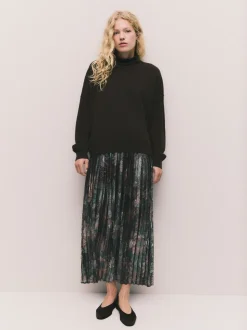 Chocoladebruin met bloemenprint - 2-In-1 Knitted Jumper with Pleated Midi Skirt