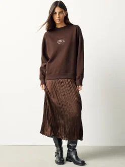 Chocoladebruine borduurwerk - 2-In-1 Sweatshirt met Satijnen Midi Rok