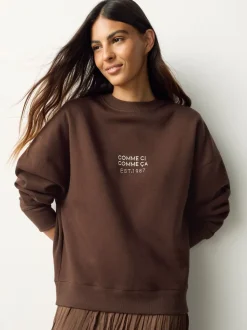 Chocoladebruine borduurwerk - 2-In-1 Sweatshirt met Satijnen Midi Rok