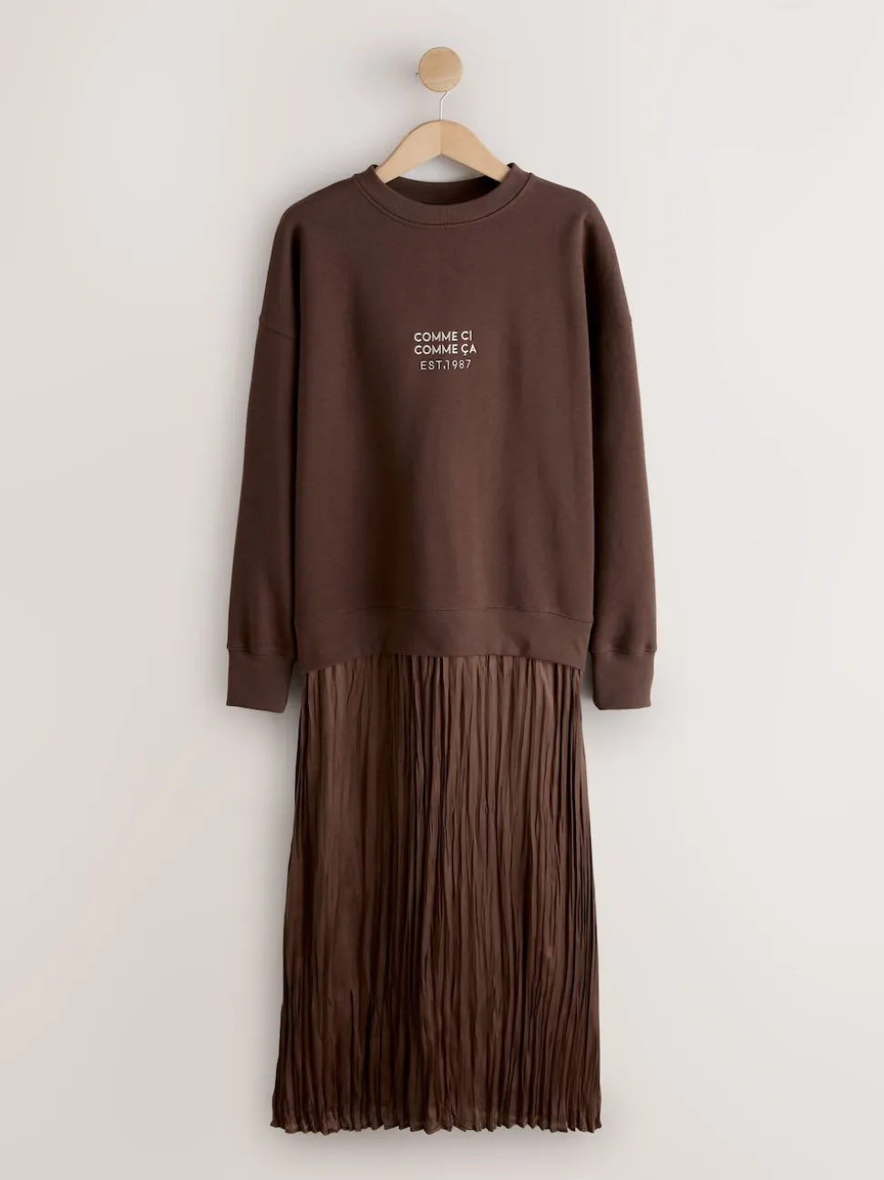 Chocoladebruine borduurwerk - 2-In-1 Sweatshirt met Satijnen Midi Rok