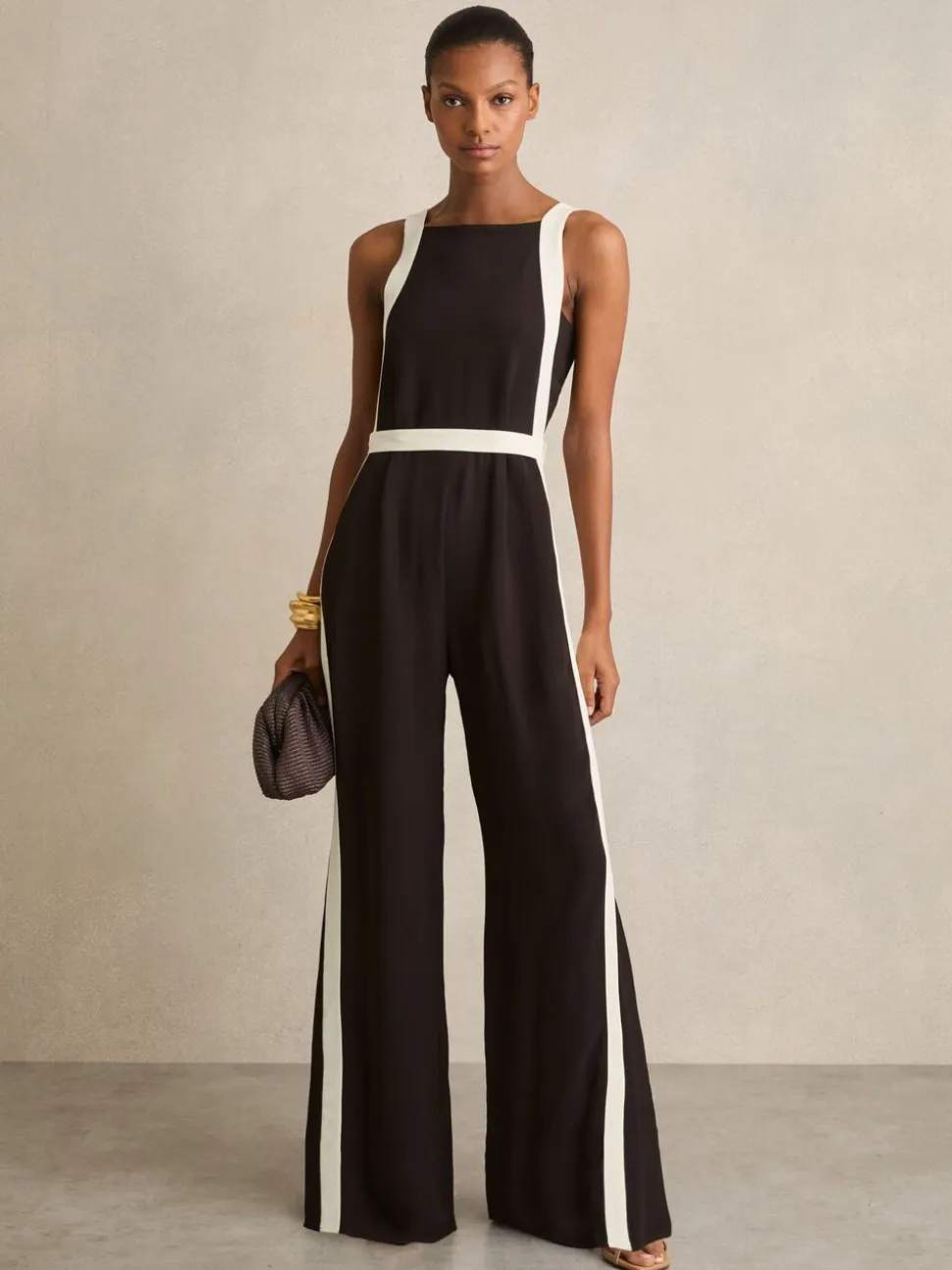 Chocolade/Crème - Reiss Salma Colourblock Wide Leg Belted Jumpsuit