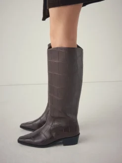 Chocolate Brown Croc Embossed - Forever Comfort® Chisel Toe Knee High Boots