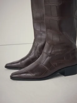 Chocolate Brown Croc Embossed - Forever Comfort® Chisel Toe Knee High Boots