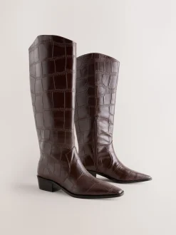 Chocolate Brown Croc Embossed - Forever Comfort® Chisel Toe Knee High Boots