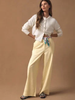 Citroengeel - Smart Front Linen Blend Wide Leg Trousers