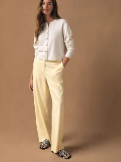 Citroengeel - Smart Front Linen Blend Wide Leg Trousers