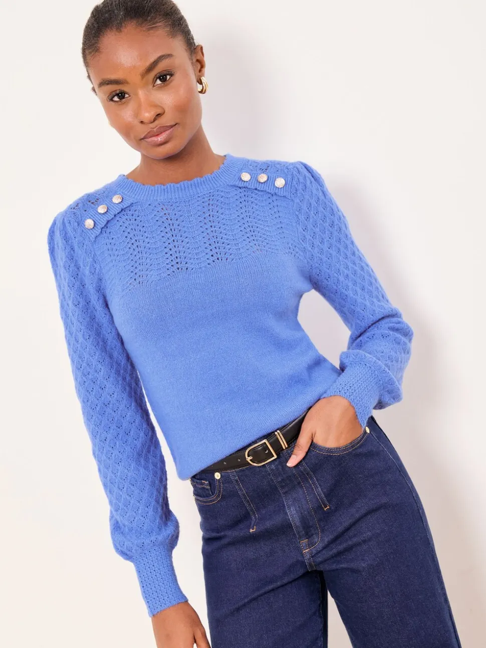 Cobalt Blue Buttoned - Lipsy Pointelle Stitch Long Sleeve Crew Neck Knit Jumper