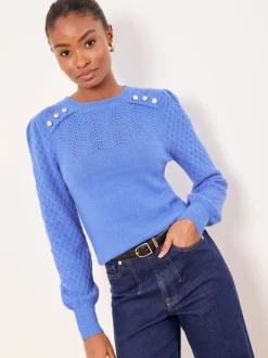 Cobalt Blue Buttoned - Lipsy Pointelle Stitch Long Sleeve Crew Neck Knit Jumper