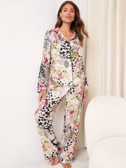 Cream Animal Floral - Lipsy Print Jersey Long Sleeve and Trousers Satin Trim Pyjamas Set