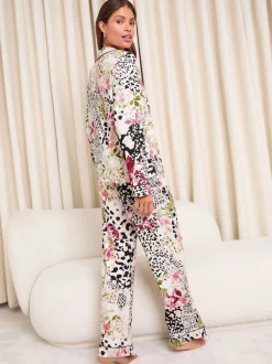 Cream Animal Floral - Lipsy Print Jersey Long Sleeve and Trousers Satin Trim Pyjamas Set