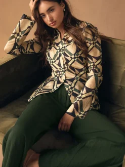 Cream/Green Geometric Print - Lyocell Blend Collared V-Neck Shirt