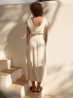 Crème - 100% katoenen zomer midi overhemdjurk
