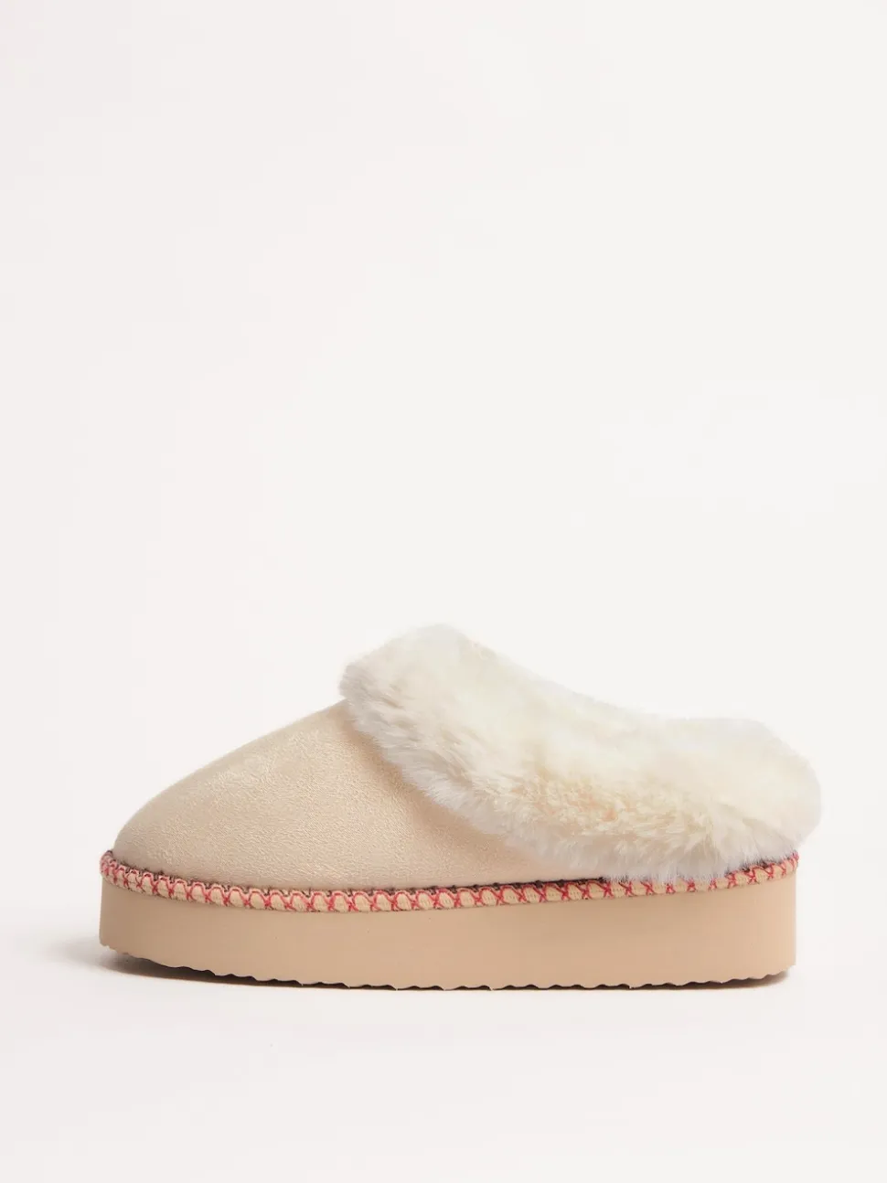 Crème - Friends Like These Faux Fur Cuff Embroidered Tape Nightwear Mule Slippers