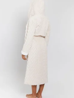 Crème - Loungeable - Geometrische luxe fleece maxi-badjas met capuchon