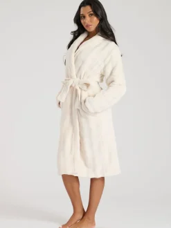 Crème - Loungeable Bubble Cut Fleece Shawl Collar Midi Dressing Gown