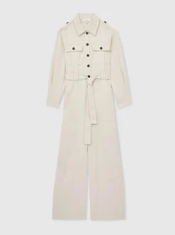 Crème - Reiss Anais utility-jumpsuit met wijde pijpen