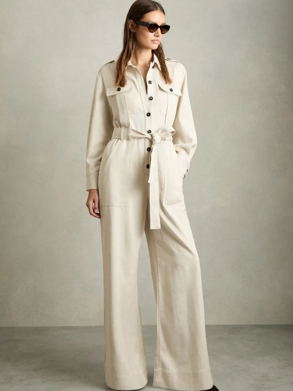 Crème - Reiss Anais utility-jumpsuit met wijde pijpen