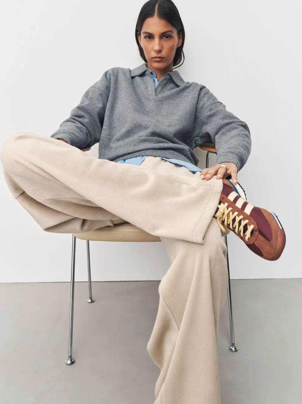 Crème - Soft Feel Cord Wide Leg Trousers