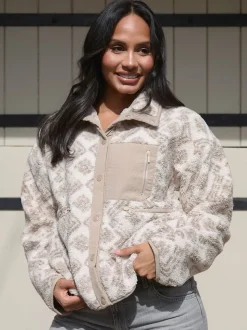 Crème - South Beach Print Oversized Borg Zip Jacket With Pocket