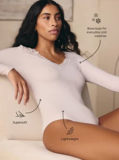 Crème - Thermische Base Layer Bodysuit met kanten afwerking